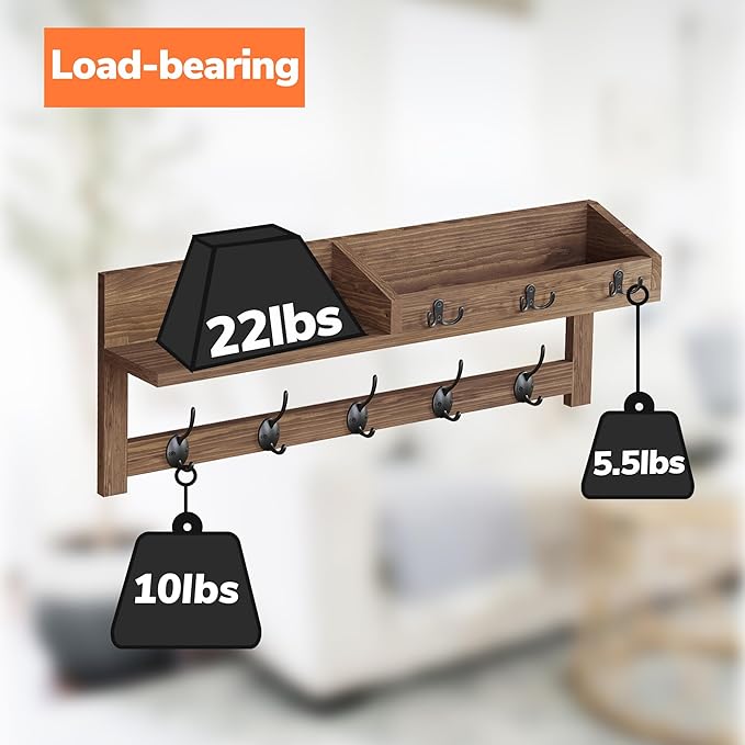 AMBIRD Wall Hooks with Shelf, 26.57 Inch Entryway Wood Coat Hooks for Wall with Shelf, Coat Rack Wall Mount with 5 Dual Hooks 3 Key Hooks Mail Organizer and Key Rack Holder (Brown)