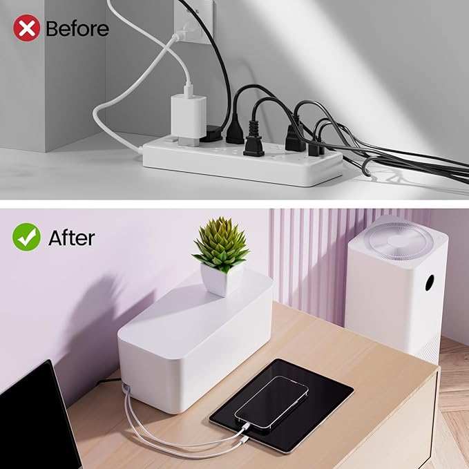 Delamu 2 Pack Cable Management Box, Stylish Cable Organizers for Cords, Pet & Child-Proof ABS Cord Hider Box, Medium and Small Cable Box for Computer Router Box Hider USB Hub, Floor Cord Covers, White