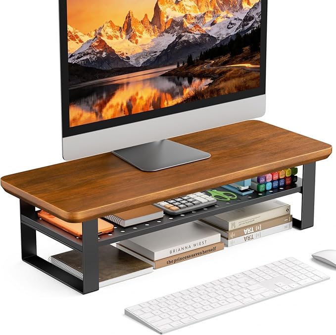 NestNeat Monitor Stand Riser, 24 Inch Computer Monitor Stand for Desk, 2-Tier Wood Desk Shelf Organizer with Storage, Desktop Stand for Laptop/Screen/PC/Printer, Ergonomic Home Office Monitor Stand