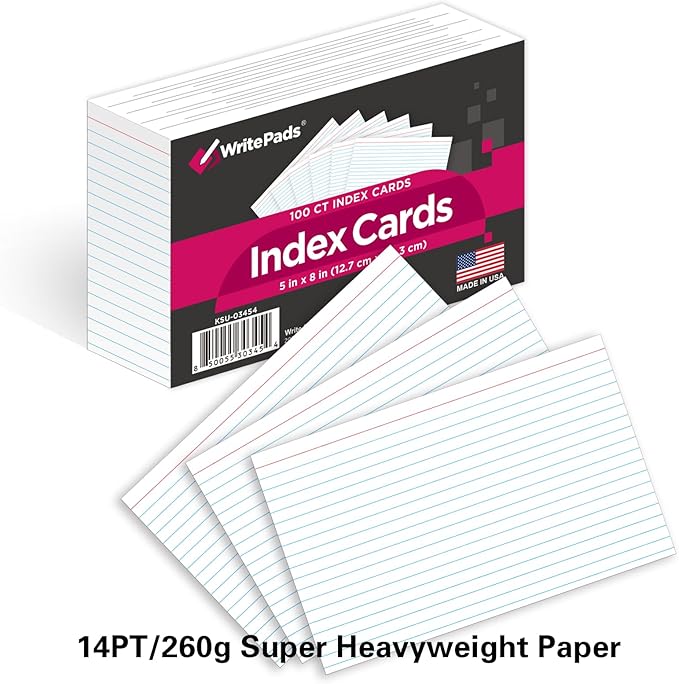 KAISA Lined Index Card 5"x8" Index Cards Flashcards, 1200 Count Index Cards, White 12 pack of 100 Shrink,Heavy Weight Paper Made in the USA(KSU-03454)