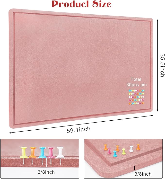 Large Bulletin Board - 60 X 36 inches Decorative Felt Pin Board - 5' x 3' Cork Board Alternative for Wall - Foldable Photo Board Self-Adhesive Vision Board Prayer Board with 30 Pushpins - Pink