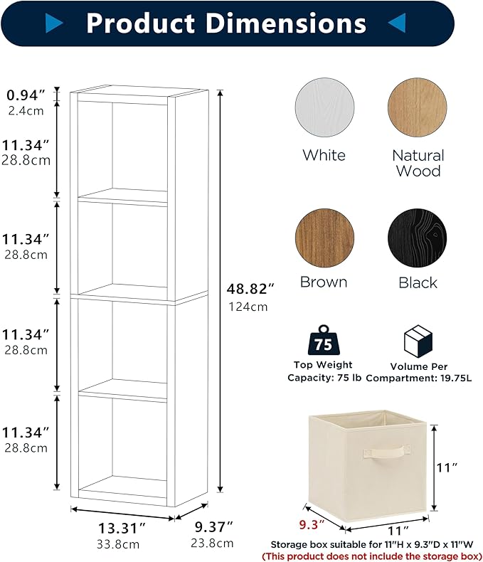 Jpiziso 4 Cube Storage Organizer Single Row, Cube Shelf with Heavy-Duty Thick Boards, 13.31" L x 9.37" W x 48.82" H, Smooth Easy-Clean Panels, Simple Assembly, for Living Room Bedroom Office, White