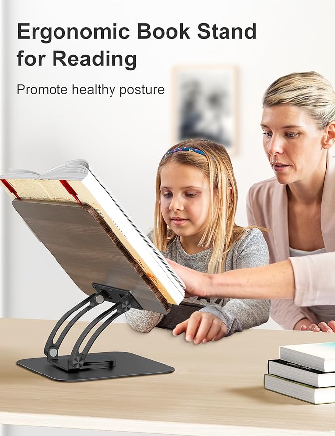 Tounee Book Stand for Reading, Adjustable Book Holder with 360° Swivel Base, Foldable Cookbook Stand Recipe Book Holder with Elastic Page Clips for Music Scores, Recipe, Tablet, Laptop-Black