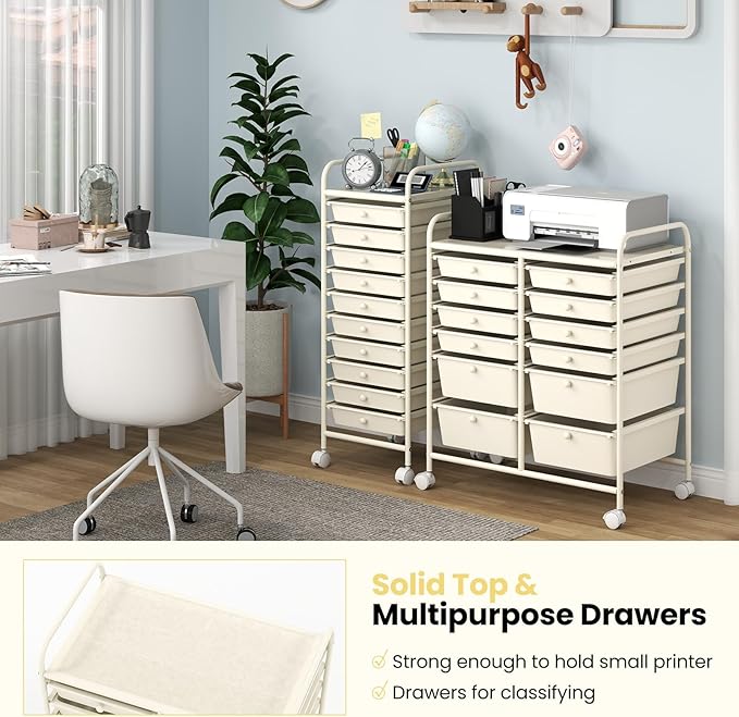 Happygrill 12-Drawer Rolling Storage Cart, Multipurpose Storage Cart W/Lockable Wheels, 2 Sizes Plastic Drawers & Metal Shelf, Mobile Utility Cart for Home Office School (Ivory)
