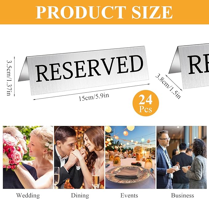 Aemygo 24 Pcs Metal Reserved Table Signs, Silver Table Top Reserved Sign for Restaurants, Double Sided Tent Guest Reservation Table Seat Sign for Wedding, Party, Ceremony, Events(5.91" x 3.15")