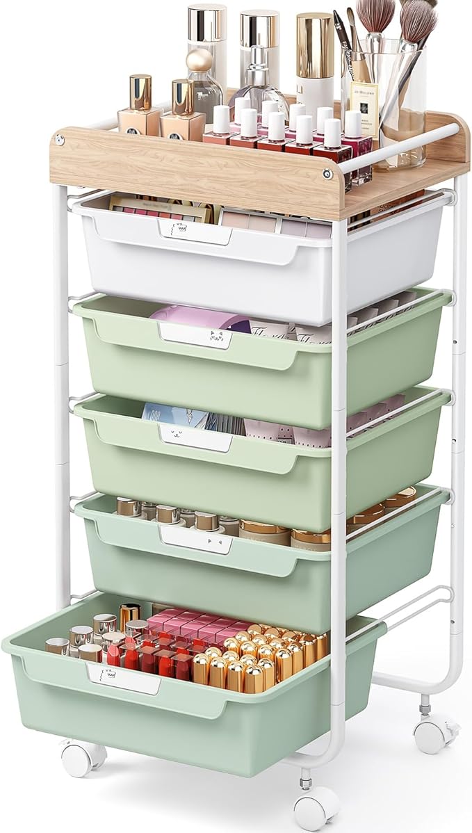 Rolling Storage Utility Cart With 5 Drawers,Craft Cart with Wheels,Makeup Organizer,Art Supply And Storage Wooden Tabletop,Green