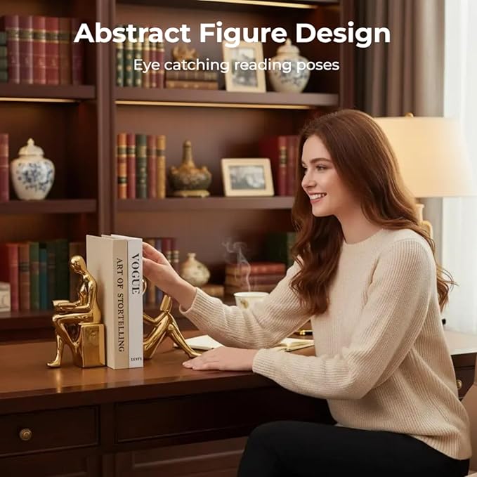 TYGKROF Decorative Bookends,Ceramic Statue Book Ends,Home Office Modern Bookends,Decor Aesthetic Reading Book Holders for Bookshelf,Bedroom Living Room Decoration Unique Bookends (Gold)