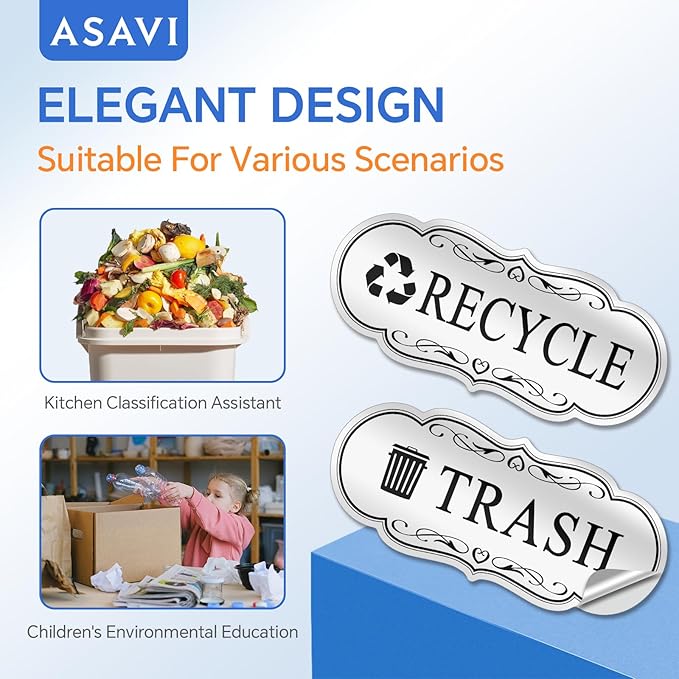 ASAVI Trash & Recycle Stickers – 2-Pack Self-Adhesive Vinyl Labels, Waterproof & Durable (White, Medium 6.3 x 2.7 inches)