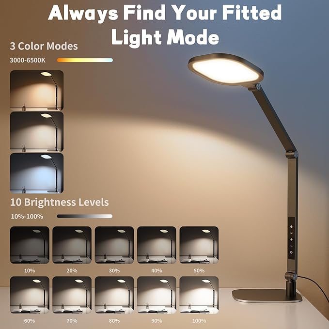 LitONES LED Desk Lamp for Home Office, 15W Computer Zoom Lighting with CRI >95, Memory & Timer Function, 1200LM Dimmable Desktop Ring Light for Video Calls, Conference, Reading, Streaming, Study