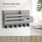 FifthQuarter Key and Mail Holder for Wall, Mail Organizer Wall Mount with 6 Hooks and Storage Drawer, Easy Installation Key Rack for Entryway and Home Decor (A-Grey)