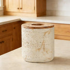 Natural Travertine Textures Beige Mini Trash Can with Bamboo Lid,Small Countertop Trash Can for Bathroom, Kitchen, Vanity, Desk Trash Can,Table Top Mini Garbage Can for Dining Room, Tiny Waste Basket