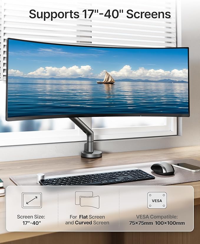 monTEK Single Monitor Arm for 17-40 Inch Screens, Up to 24.25lbs, Heavy Duty Monitor Mount with VESA Mount, Full Motion Adjustment Monitor Stand C-Clamp/Grommet Base,Dark Gray,MA1010DG