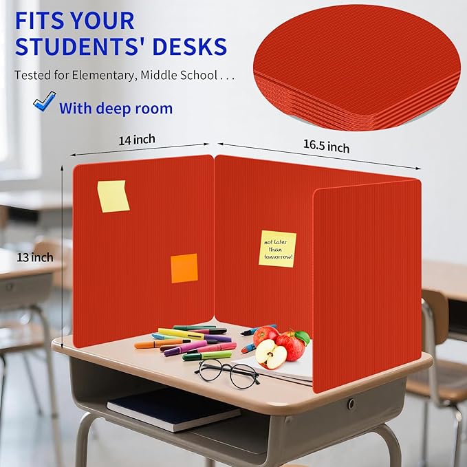 2 Pack Red Desk Dividers for Students, Privacy Shields Folder for Students, Durable & Waterproof Plastic Study Board, Classroom Teacher Supplies Test Divider, Includes Extra Labels