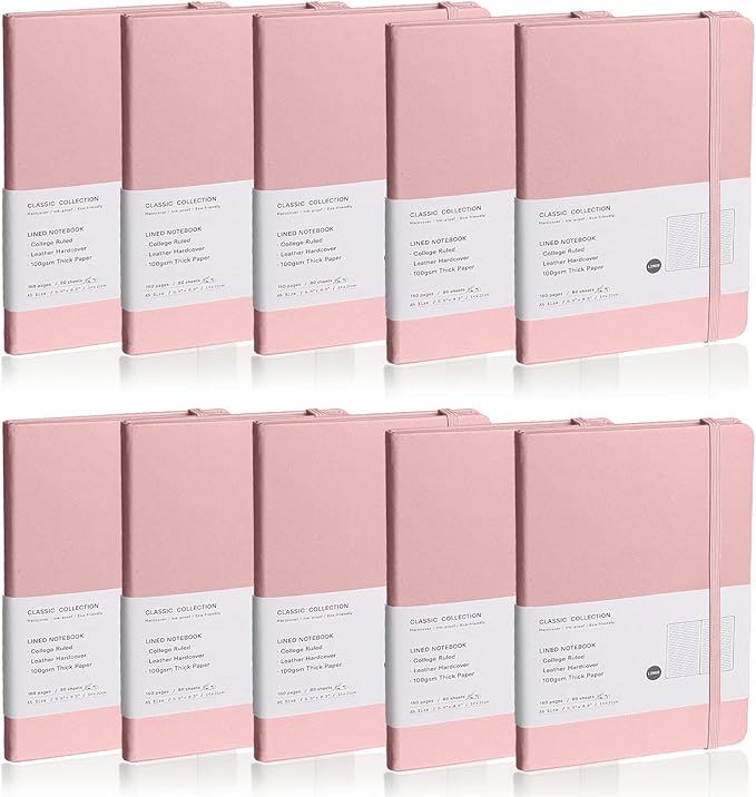 EMOMAS Lined Journal Notebook, 10Pack Hardcover Notebook for Men & Women – Journals for Writing, Work, School, Home & Daily Notes, 160 Pages – Medium A5, 5.7"x8", 100 gsm Thick Paper (Pink)