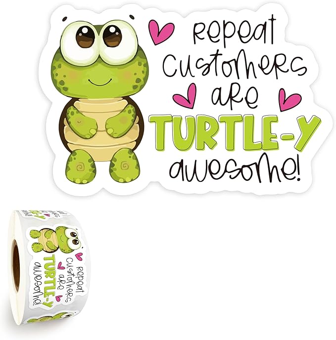 Bttwkco Cute Turtle Stickers, Repeat Customers Are The Best, 500pcs Roll, Green, Cartoon Style, Waterproof, Coated Paper, Stickers