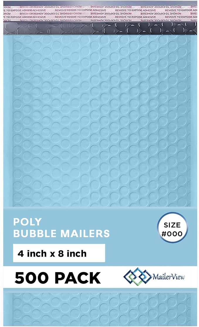 MAILERVIEW Light Blue Small Bubble Mailers 4x8 Inch #000 | Thick Padded Poly Bubble Mailer Envelopes | 500 Pack Bulk | Trading Card Sports Card Shipping