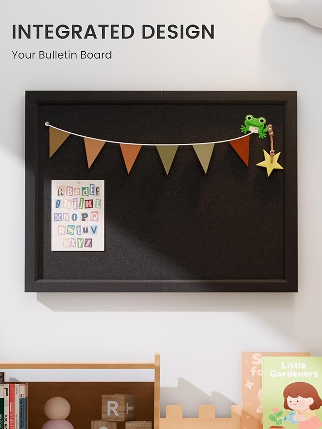Fluxynara Foldable Cork Board Alternative, Felt Bulletin Board 24" x 18" Black Frame with 16 Adhesive Tabs, Pin Board for Home Office, Classroom, Entryway, Kitchen Wall Decor—Black