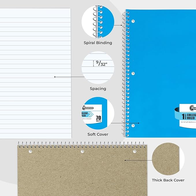 Rosmonde 50 Pack, 1 Subject Spiral Notebook College Ruled Bulk, 140 Pages (70 Sheets), Thick No-Bleed Paper, 8 x 10-1/2", 3 Hole Punched, College Ruled Notebook 1 Subject Bulk, Subject Notebook