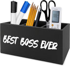 QZQE Boss Gifts Pen Pencil Holder Organizer for Desk, Bosses Leader Appreciation Gifts, Best Boss Ever Wooden Box Signs Decorations for Home Workplace Office Desk Tabletop
