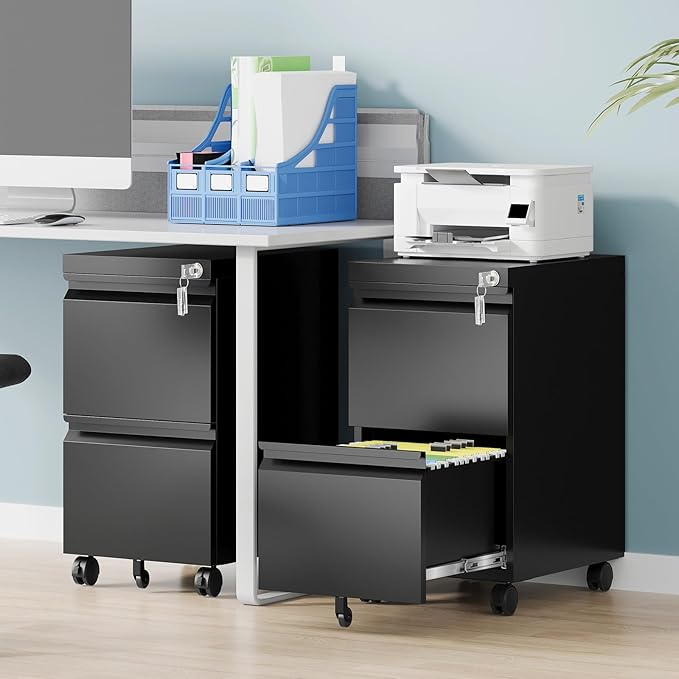 AFAIF 2 Drawer File Cabinet with Lock, Rolling File Cabinets for Home Office, Small Metal Filing Cabinet Office Drawers Under Desk for Letters/Legal/A4 Size, Assembly Required
