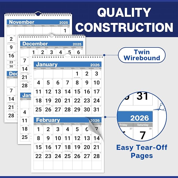 Dunwell 2026 2-Month Wall Calendar, Blue, Monthly Hanging Calendar with Large Bold Numbers, Easy to Read, Jan–Dec 2026, 11x17 Open, Ships Folded
