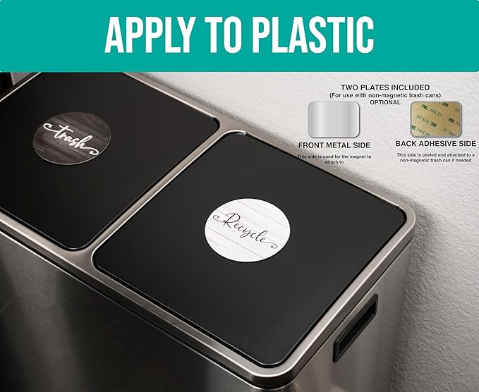 Farmhouse Recycle and Trash Magnets for Kitchen Trash Cans and Recycling Bins, Trash and Recycle Magnet Combo for Garbage Can Logo Symbol, 2 Magnetic Sticker Adhesives, 4" Circle, Outdoor Waste Bin