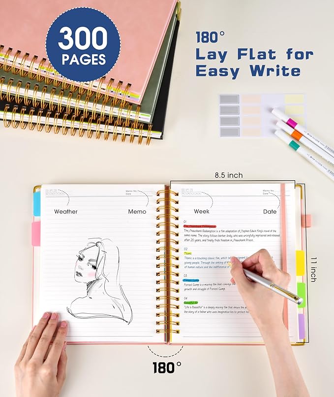 Hardcover Spiral Notebook 8.5"x11" Journal with Removable Dividers Tabs, 300 Pages Leather 5 Subject Notebook College Ruled, Large A4 Notebooks for Work School, Lined Journal for Women, A4 Navy