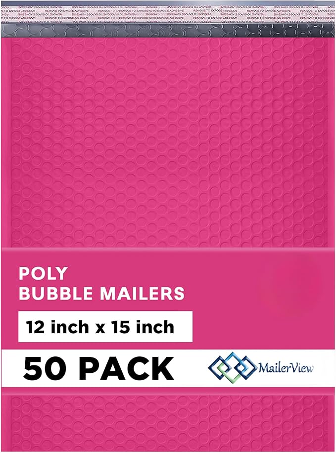 Hot Pink Large Poly Bubble Mailers 12x15 inch | Self Seal Padded Envelopes Cushioned Bubble Mailer | Usable Size 12x15 | WaterProof | Lightweight mailing Shipping Bags | 50 Pack Bulk