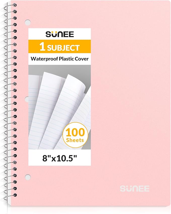 SUNEE Spiral Notebook, 1-Subject, College Ruled Paper, 8" x 10-1/2", 100 Sheets per Notebook, 3-Hole Punched Paper, Water Resistant Cover, Double-sided Pockets, Spiral Lined Notebooks for Work, Pink