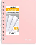SUNEE Spiral Notebook, 1-Subject, College Ruled Paper, 8" x 10-1/2", 100 Sheets per Notebook, 3-Hole Punched Paper, Water Resistant Cover, Double-sided Pockets, Spiral Lined Notebooks for Work, Pink