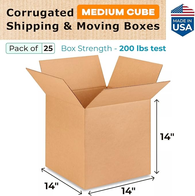 Medium Cube Moving & Shipping Boxes 14"L x 14"W x 14"H (25-Pack) - Extra Strength 200 lb vs Regular - Corrugated Packaging Boxes - Heavy Duty Shipping Box - Cardboard Packing Box by IDL Packaging