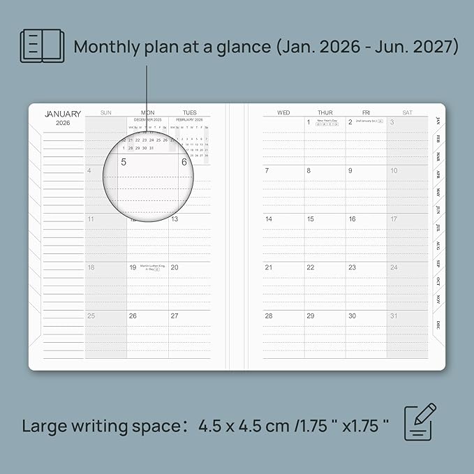 POPRUN Monthly Planner 2026-2027, Large-8'' x 10'', 18-Month Calendar Book (Jan.26 - Jun.27), Calendar Planner with Monthly Tabs, Storage Pocket, Hardcover, 100 GSM Paper - Haze Blue
