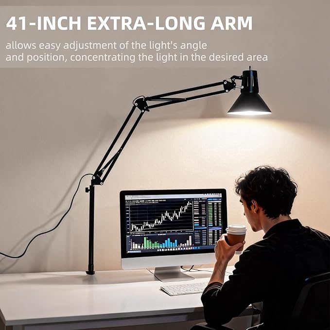 LED Desk Lamp With Clamp for Office Home, Eye-Caring Clip on Light with Adjustable Extra Tall Metal Swing Arm, High Intensity Clamp w/A19 E26 Bulb for Working Reading, 3000k Table Lamps Warm Light