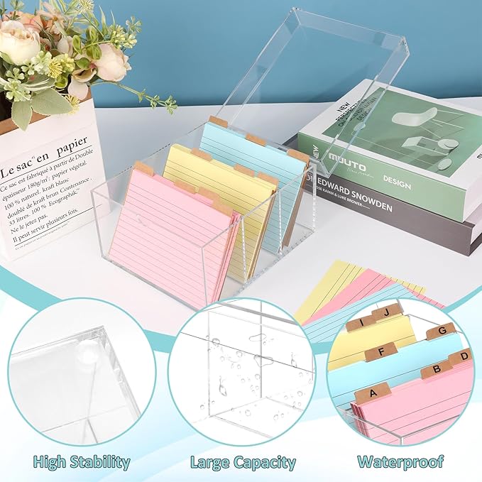 4x6 Index Card Holder Acrylic Index Card Organizer Clear Index Card Box Flash Card Holder with 5 Index Card Dividers Recipe Cards Holder Notecard Storage Box 150 Ruled Cards Stickers For Office Desk