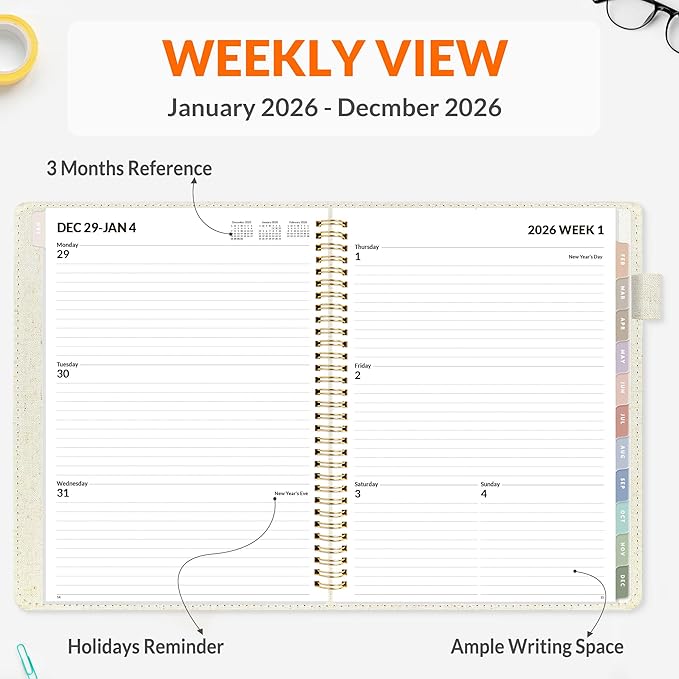 SUNEE 2026 Planner, Weekly and Monthly Calendar Planner 9"x11.2"- 12 Month (January 2026 - December 2026), Linen Cover, Pocket, Bookmark, Notes, Monthly Tab, Beige