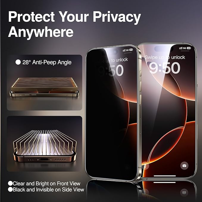 SMARTDEVIL 2 Pack for iPhone 16 Pro Privacy Screen Protector, Military Grade Shatterproof, 9H Hardness, Anti-Spy Tempered Glass, Fast & Easy Instlltion, Case Friendly