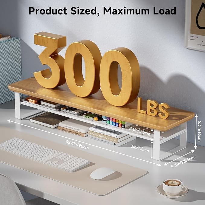 NestNeat Dual Monitor Stand, 35.4 Inch Monitor Stand Riser for 2 Monitors, 2 Tiers Wood Desk Shelf with Storage, Desktop Organizer Stand for Computer, Laptop, Printer, TV (Cherry Wood, 35.4in)