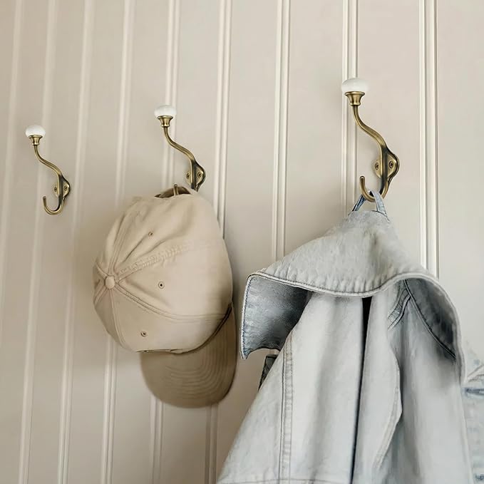 TUNNY Coat Hooks - 5 Pack Brushed Antique Brass Towel Hooks Robe Hooks Decorative Wall Hooks for Bathroom Bedroom Kitchen Towel Robe Clothes Cabinet Closet Bathroom Hardware