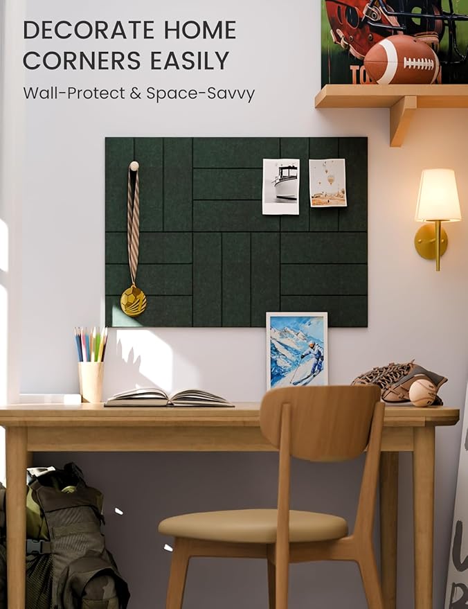 Fluxynara Felt Bulletin Board Tiles -28"x18" with 40 Adhesive Tabs, Cork Board Alternative for Office Decor, Push Pin Board Wall Organizer 6-Pack (Pine Green)