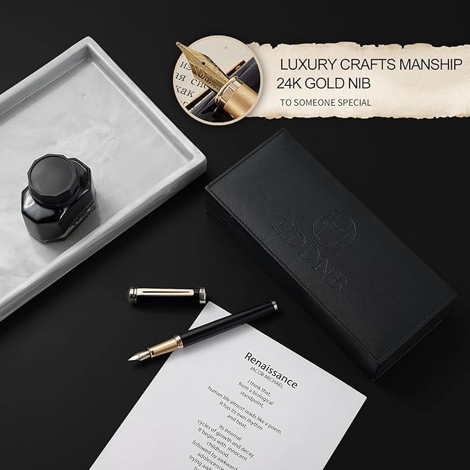 HDDNB Black Luxury Fountain Pen Set for Men and Women with Gift Box, 24K Gold Finish and Gilded Nib(Extra Fine) with 5 Black Ink Cartridges and Converter
