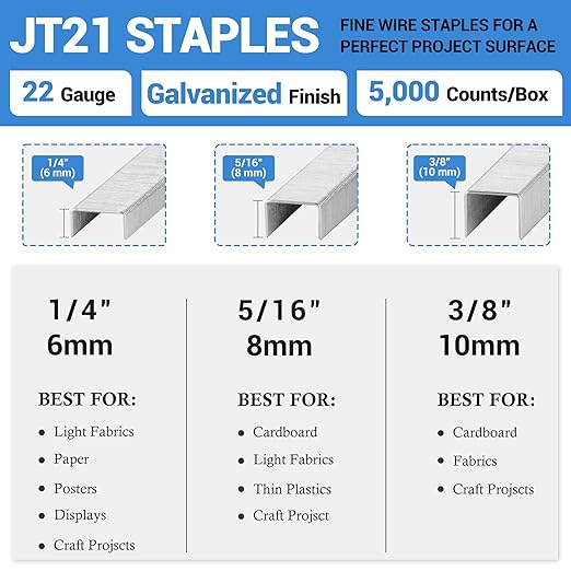 meite JT21 Staples, 1/4 Inch Galvanized Fine Wire Staples for Staple Gun - 5,000 Counts, 7/16" Crown JT21 Staple Refill, Ideal for Upholstery, Crafts, Furniture