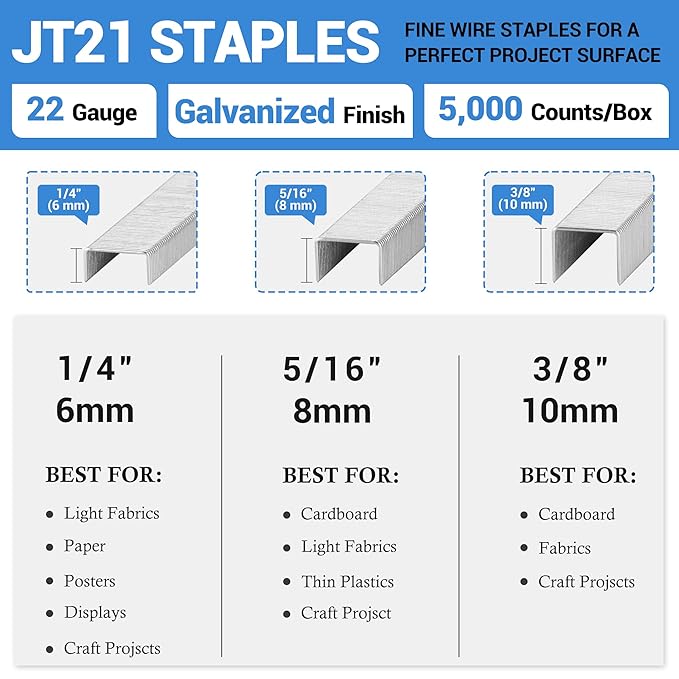 meite JT21 Staples, 1/4 Inch Galvanized Fine Wire Staples for Staple Gun - 7/16" Crown JT21 Staple Refill, Ideal for Upholstery, Crafts, Furniture (1 Case)
