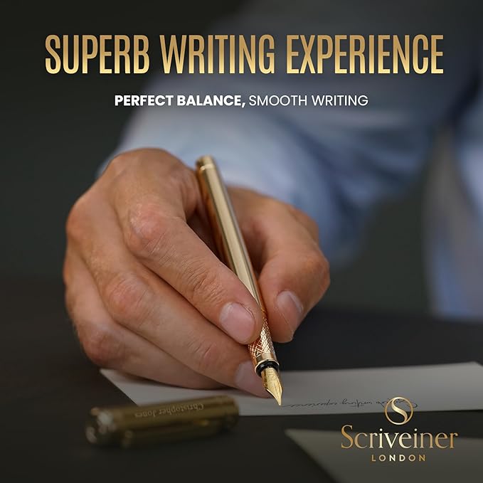 Scriveiner Personalized Gold Fountain Pen - Stunning Luxury Pen, Real Gold Plating, Schmidt Ink Refill, Best Engraved Fountain Pen Gift Set for Men & Women, Custom Name Engraving