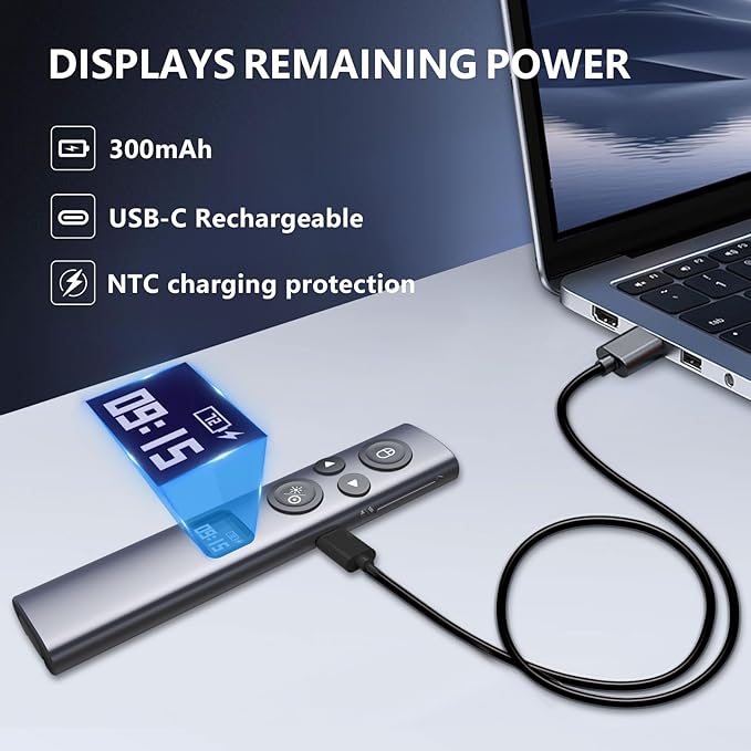 Norwii N95s BLE Presentation Clicker with Digital Pointer for PowerPoint Presentation on TV Screen and Projection Screen, Wireless Presenter Remote with Countdown Timer (Green Light-USB-A)