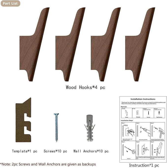 FCOWK Wood Wall Hooks 4 Pack Coat Hooks Wall Mount Walnut Wooden Hooks for Hanging Hat, Bag, Backpack, Rustic Coat Hooks for Wall, Wood Towel Hooks for Bathrooms and Entryway Hooks (Walnut, Dark)
