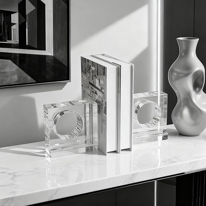 Kitcom Handmade Crystal Bookends Square, 1 Pair of Decorative Tabletop Bookends for Office, Home, Desk