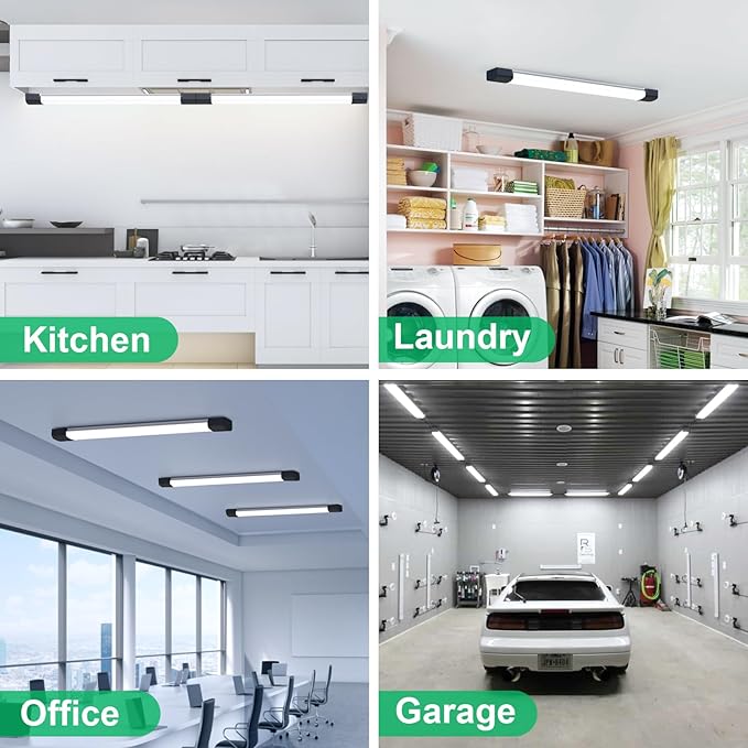 Modlicht Plug in Ceiling Light 4FT 2PCS, Linkable LED Garage Ceiling Light Fixtures 5000K, Bright Lightweight Overhead Light with Cord for Workbench Basement Kitchen Bedroom Factory, Black, 36W