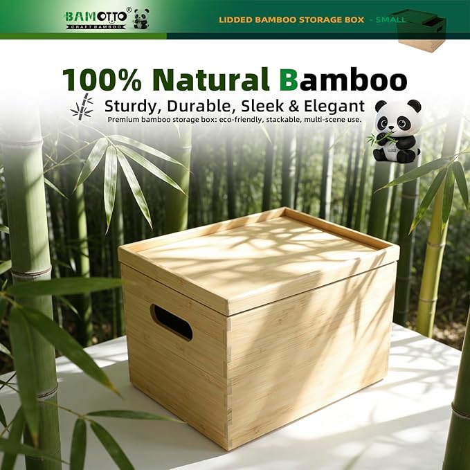 BAMOTTO Lidded Bamboo Storage Bins & Box/Cube/Basket, Home Kitchen and Office Storage Boxes with Handles & Stackable for Organizer Tableware, Clothing, Toys, Office Shelf Books, 10.2”x7.3”x6.5”