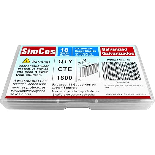 SimCos 18 Gauge 1/4" Narrow Crown Staples, Galvanized Upholstery Staples for 18 GA Pneumatic or Electric Stapler or Staple Gun (1/2"-1800 PCS)