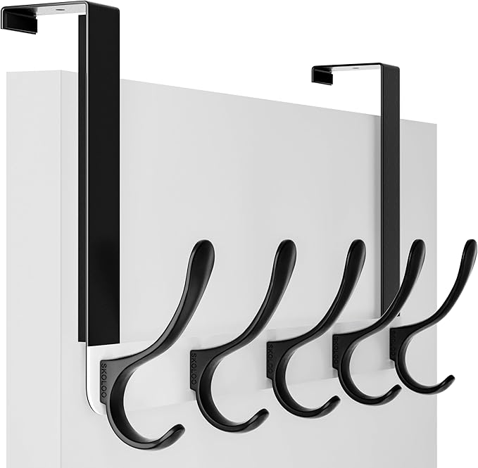 SKOLOO Over The Door Hook, Door Hanger Hooks for Hanging Clothes, Towels, Coats, Hats, Over The Door Towel Hook - Black on White, Assembly Required